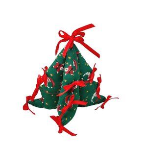 Vintage Fabric Christmas Tree Santa Red Ribbon Holiday 6 In Tiered Tray Decor